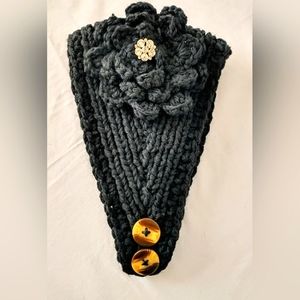 Vintage Crocheted Head Band / Ear Warmer - Black & Rhinestone